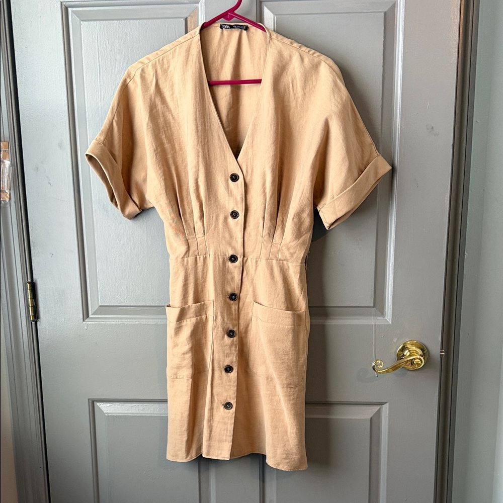 Zara Tan Button-Front Mini Dress